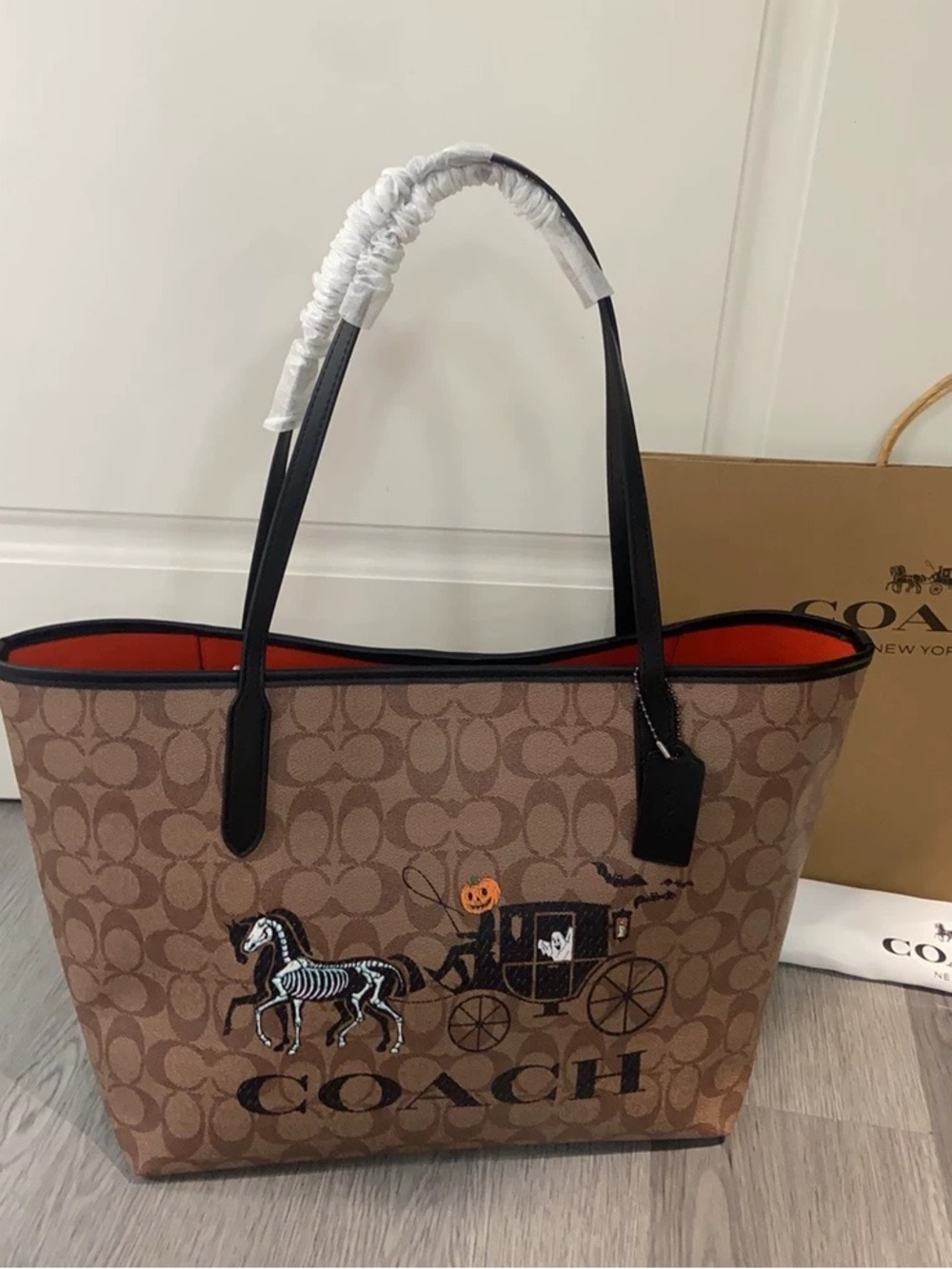 Coach Brown Signature Tote with Black Trim and Halloween Carriage Motif - Picture 2 of 7